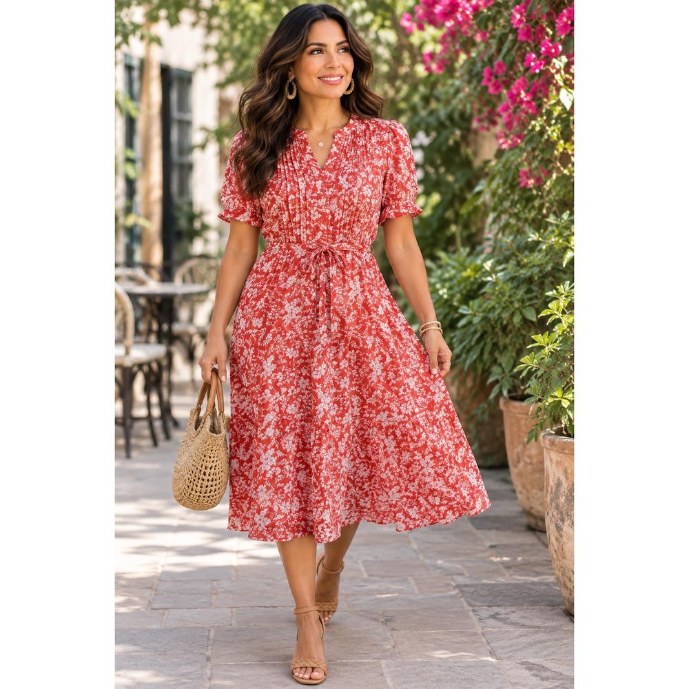 J. Mclaughlin Womans Large Dress Red Floral Midi Short Sleeve Pintuck Silk Blend